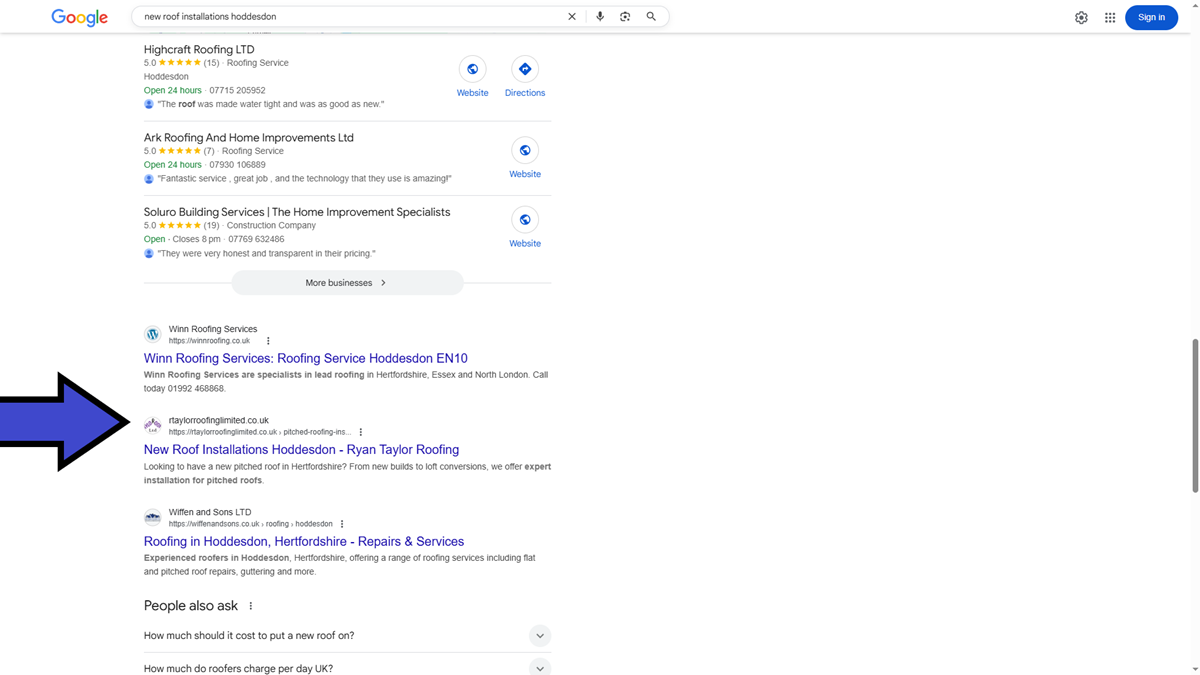 Google page 1 listing for local roofer in Hoddesdon
