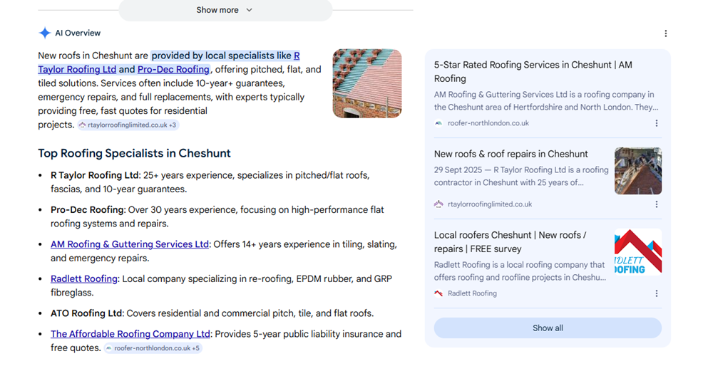 Google SEO results for roofing company