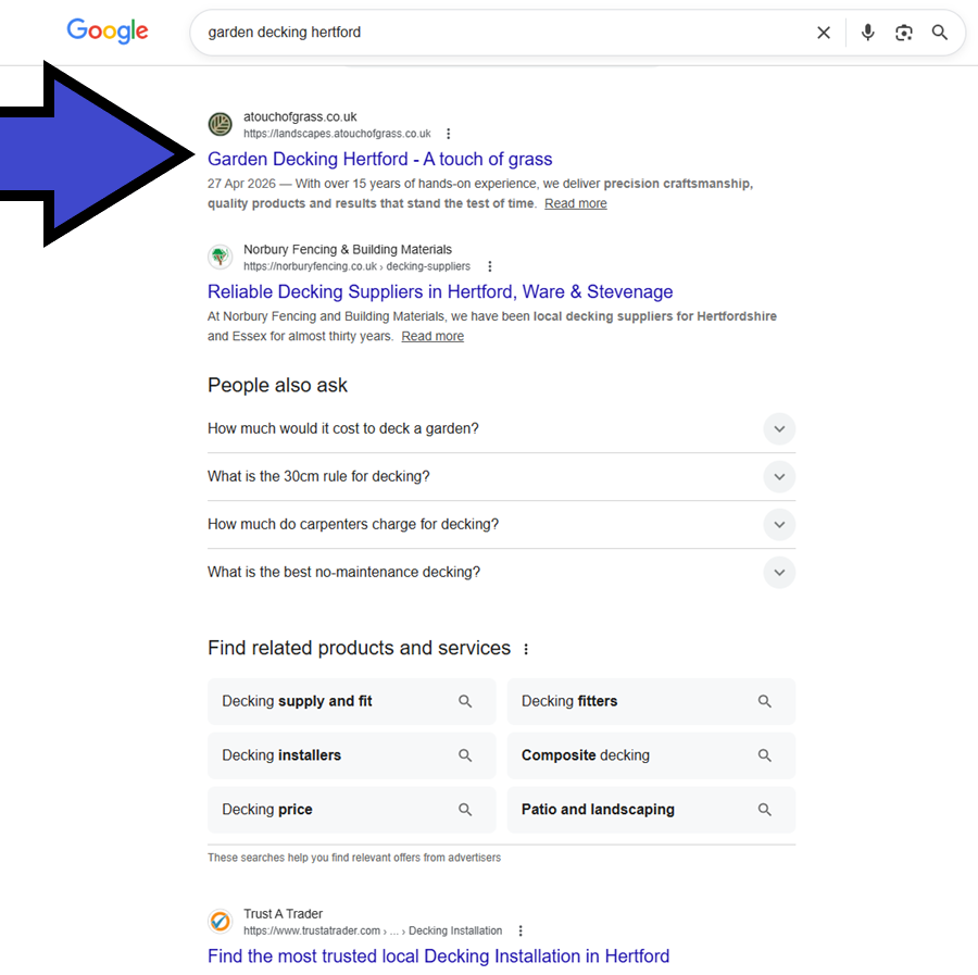 Google SEO results for garden decking in Hertford