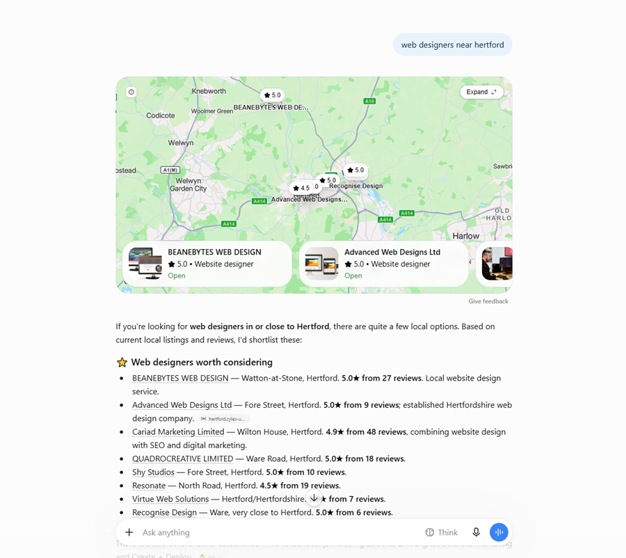 Chat GBT search results for web designers
