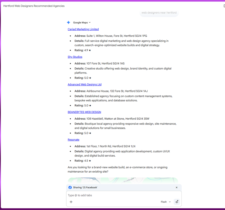 Gemini search results for web designers